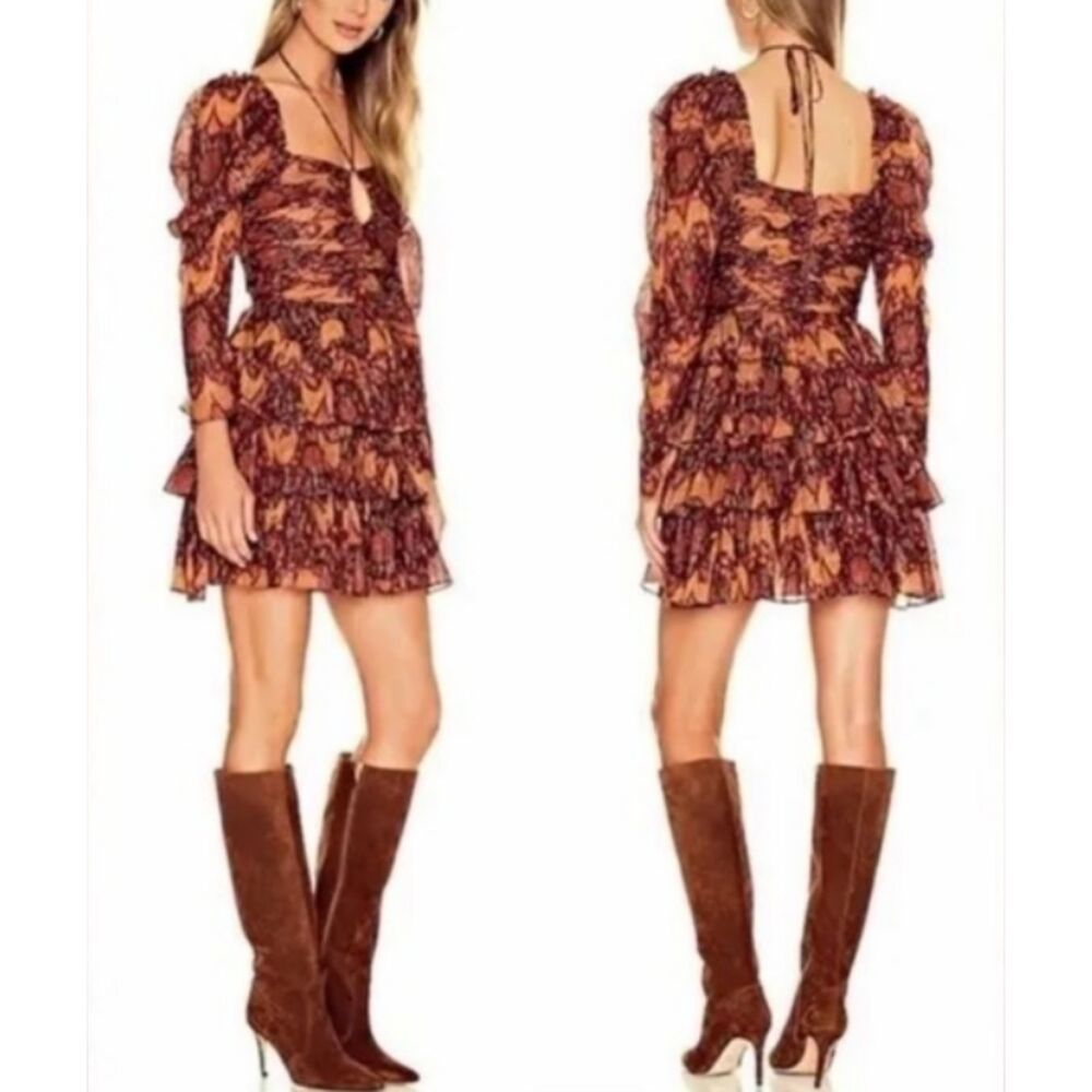 Revolve House of Harlow The Neck Ruffle Mini Dress Long Sleeve Rust Copper Sz M